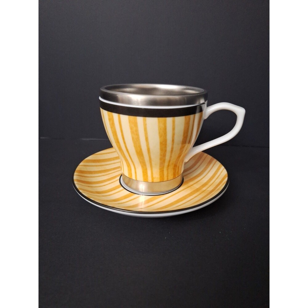 Pearl Pacific Tara Reed Designs Thermal Ceramic Mug Saucer Yellow Orange Stripes